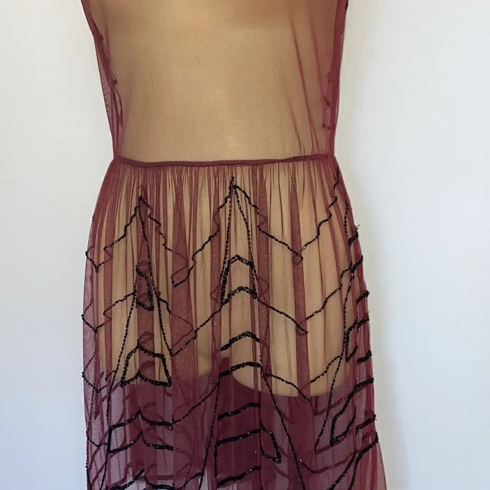 Free People  Dress Wine Mesh Beaded Sheer Net Dress Excellent Size Small